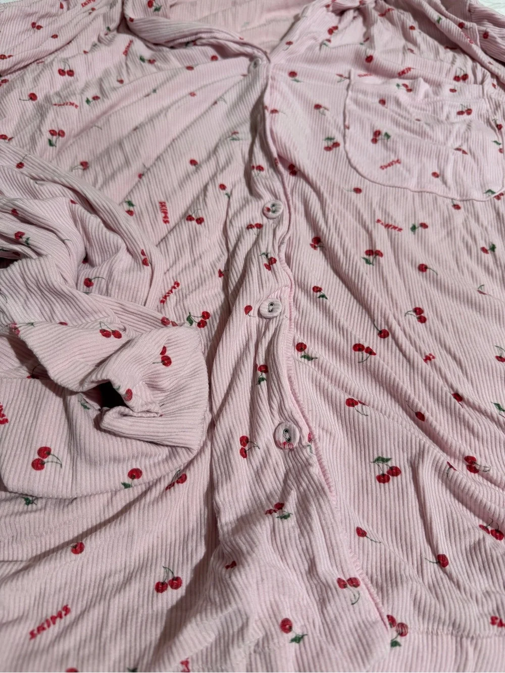 SKIMS 2X Cherries Print Pajama Sleep Matching Set Long Sleeve Pants Ribbed Soft